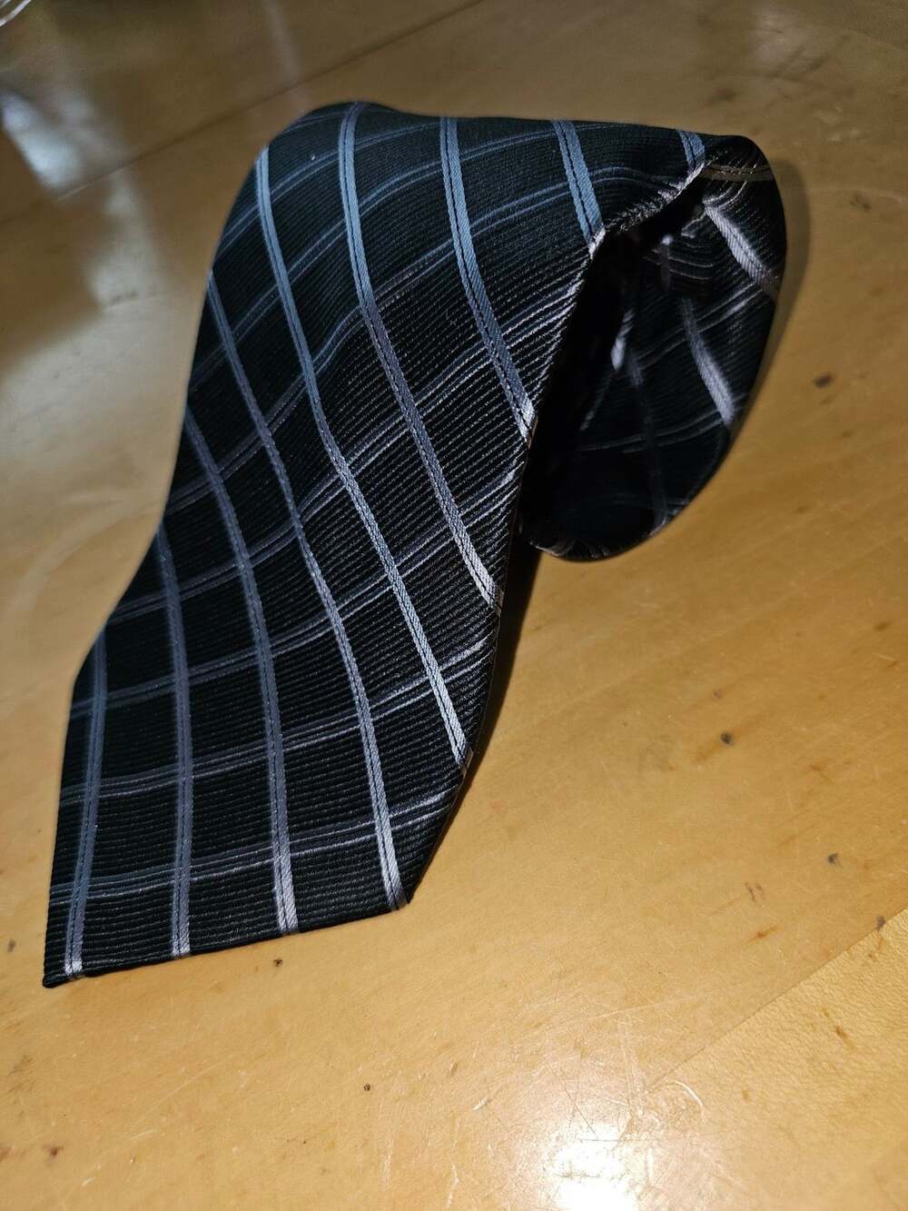 Adolfo Black Gray Silver Grid Plaid Pattern Silk Necktie Men's Formal Wear